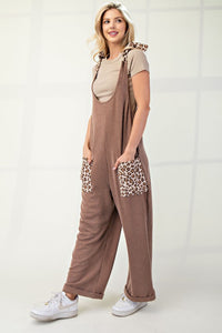 Hazel Blues® |  Celeste Ribbed Leopard Tied Shoulder Overalls