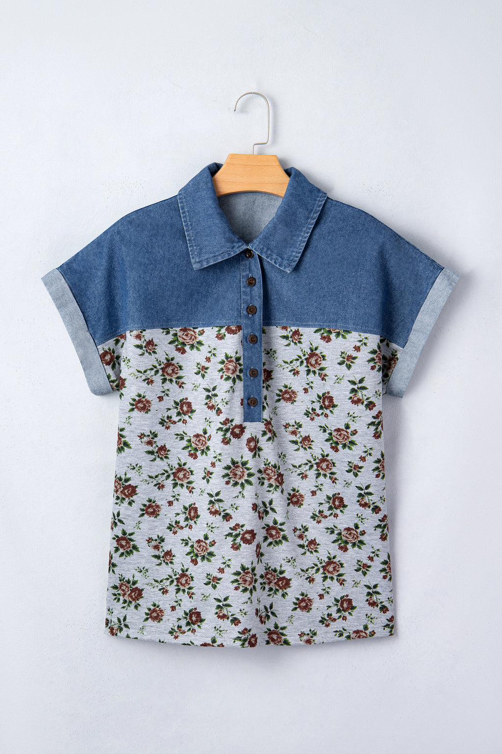 Gray Retro Floral-Print Denim Patchwork Buttoned Polo Collar Top