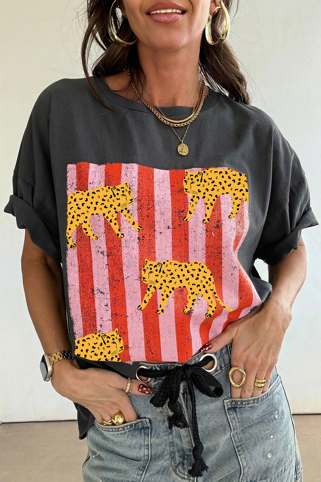 Dark Grey Cheetah Striped Print Retro Fashion Graphic Tee