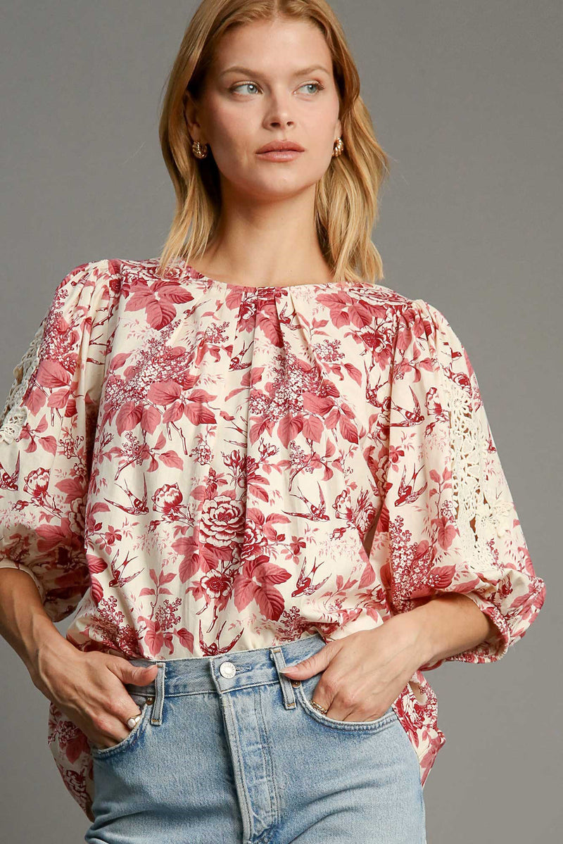 Hazel Blues® |  Umgee Floral Pleated Detail Lace Trim Sleeve Blouse