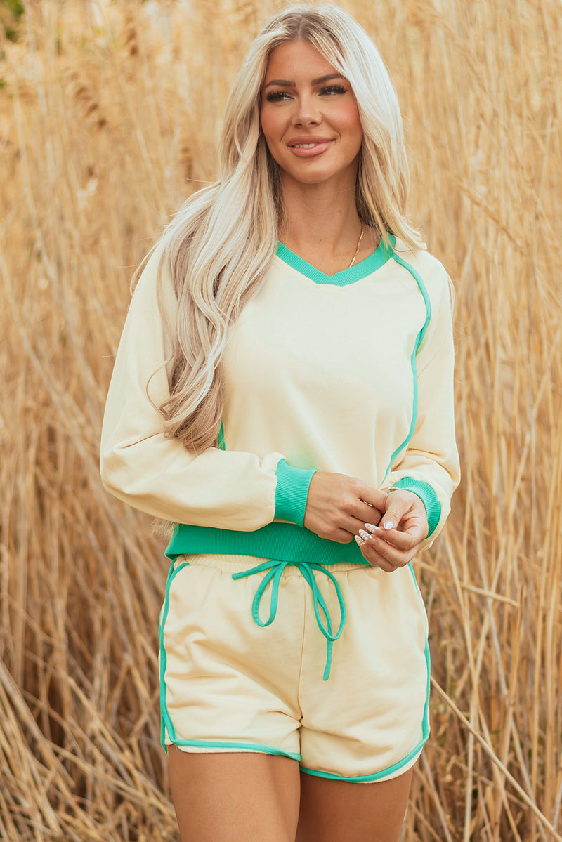 Hazel Blues® |  White Contrast Trim Colorblock Long Sleeve Pullover and Drawstring Shorts 2pcs Outfit