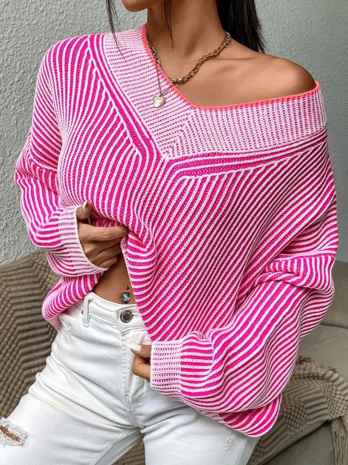 Hazel Blues® |  Striped V-Neck Long Sleeve Sweater