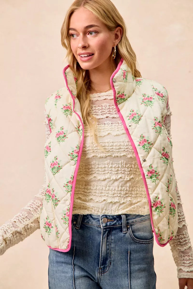 Bibi Floral Print Piping Detail Quilted Vest | Floral Vest – Hazel