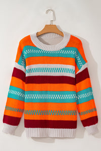 Hazel Blues® |  Contrast Striped Round Neck Long Sleeve Sweater