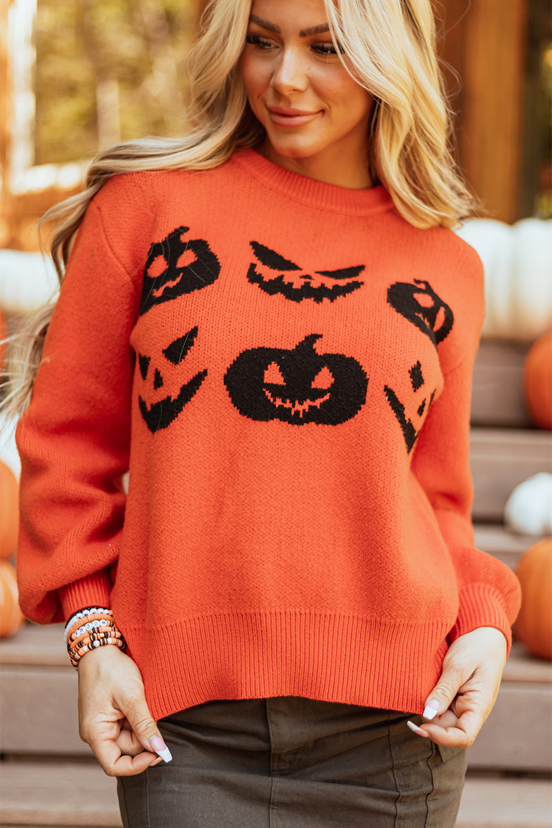 Hazel Blues® |  Orange Halloween Pumpkin Face Pattern Drop Shoulder Sweater