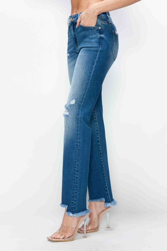 Hazel Blues® |  bytos Raw Hem Distressed Mid Rise Straight Jeans