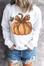 Hazel Blues® |  Beige Leopard Bowknot Pumpkin Graphic Crewneck Sweatshirt