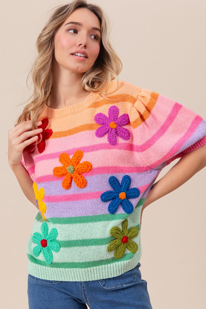 Hazel Blues® |  BiBi Flower Patch Puff Sleeve Striped Sweater