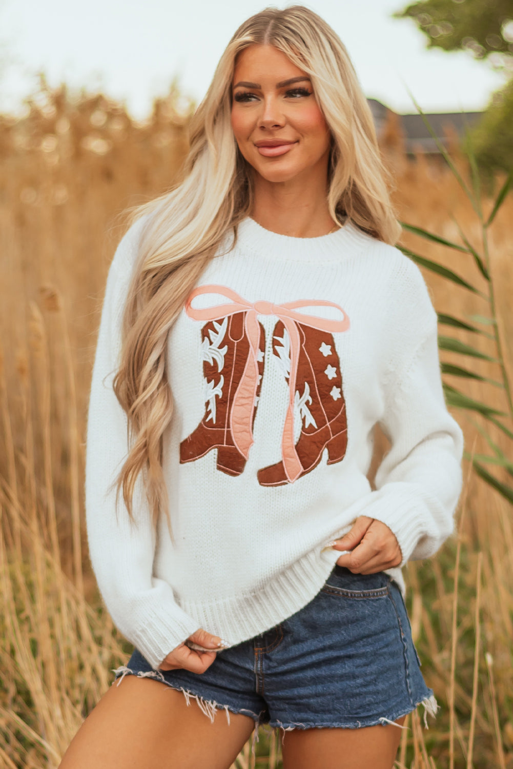 Hazel Blues® |  White Embroidered Bow Boots Graphic Drop Shoulder Sweater