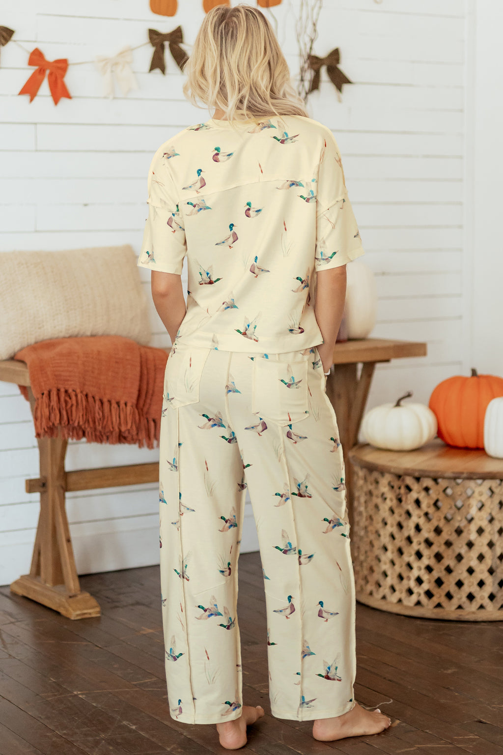 Beige Duck Print Short-Sleeve Top Pocket Pants Two-Piece Casual Set