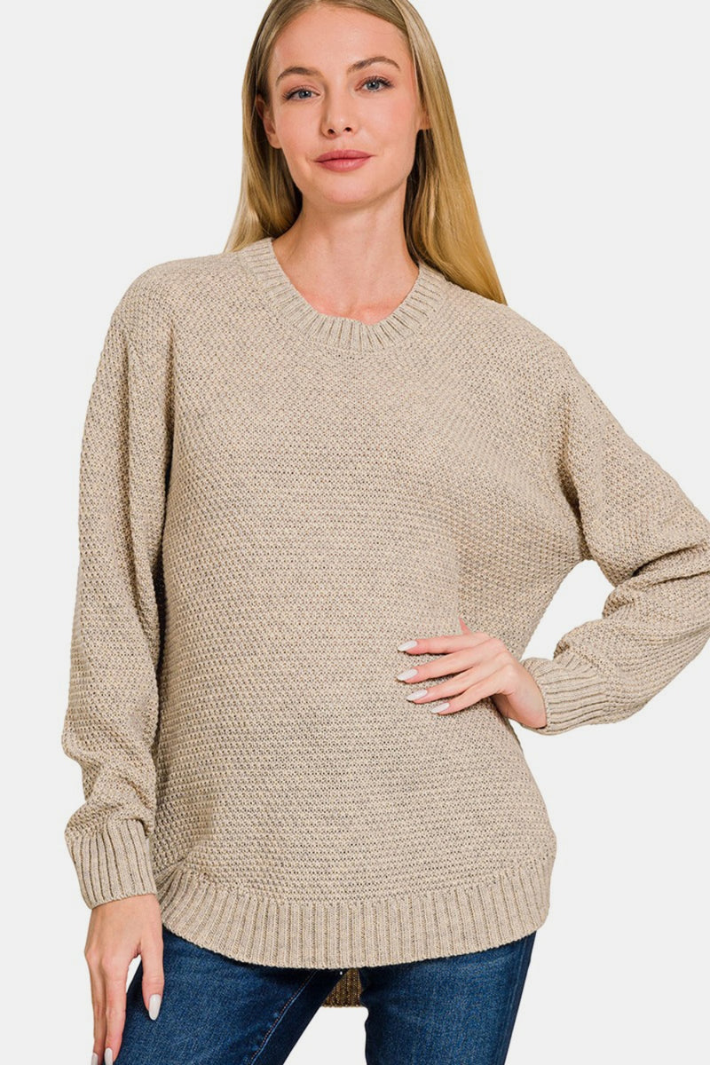 Hazel Blues® |  Zenana Ful Size Round Neck Long Sleeve Curved Hem Sweater