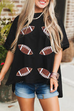 Hazel Blues® |  Black Sequin Football Patched Crewneck Loose T Shirt