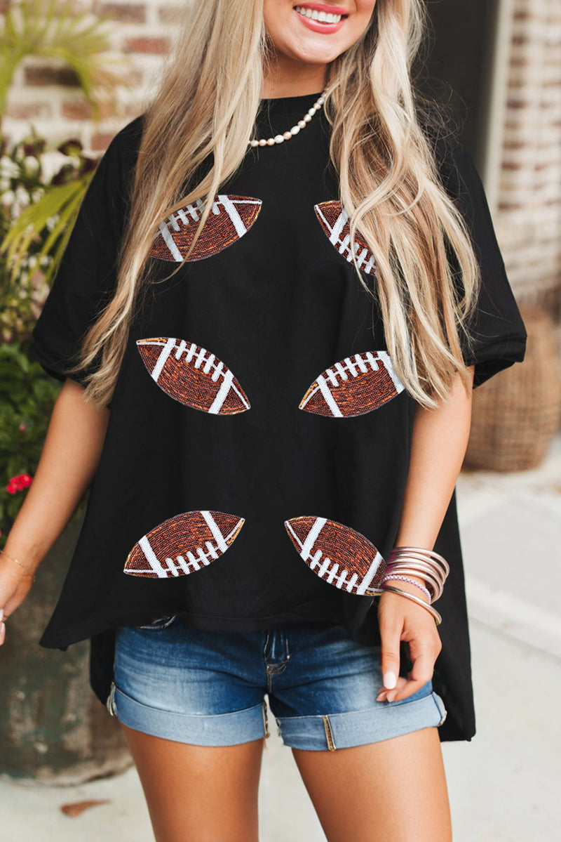 Hazel Blues® |  Black Sequin Football Patched Crewneck Loose T Shirt