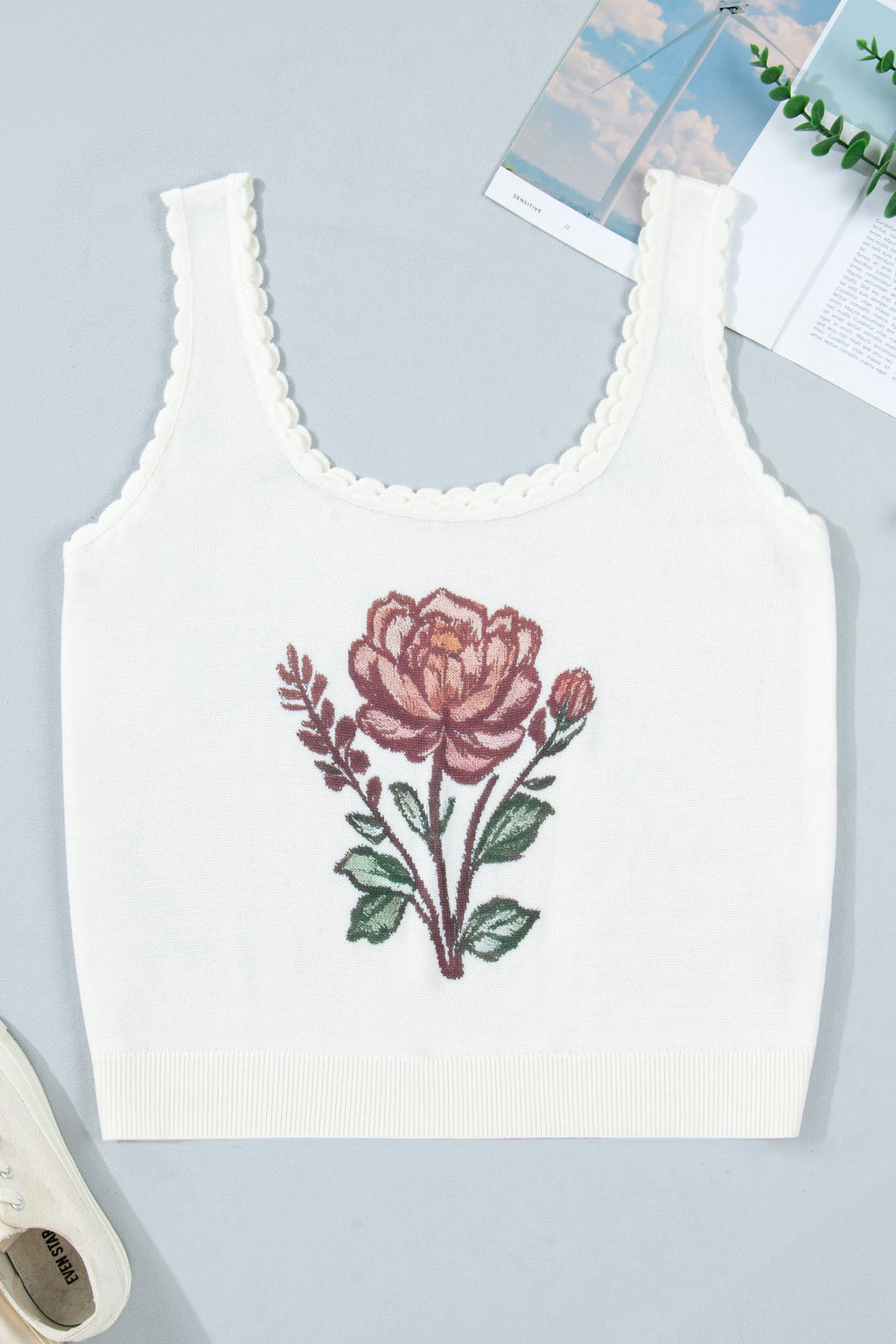 Floral Print Scalloped Trim Square Neck Sweater Vest | Floral Vest