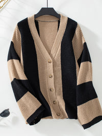 Hazel Blues® |  Waffle-Knit V-Neck Striped Long Sleeve Cardigan