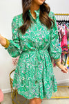 Hazel Blues® |  Green Paisley Print Long Sleeve Button Front Tied Waist Mini Dress