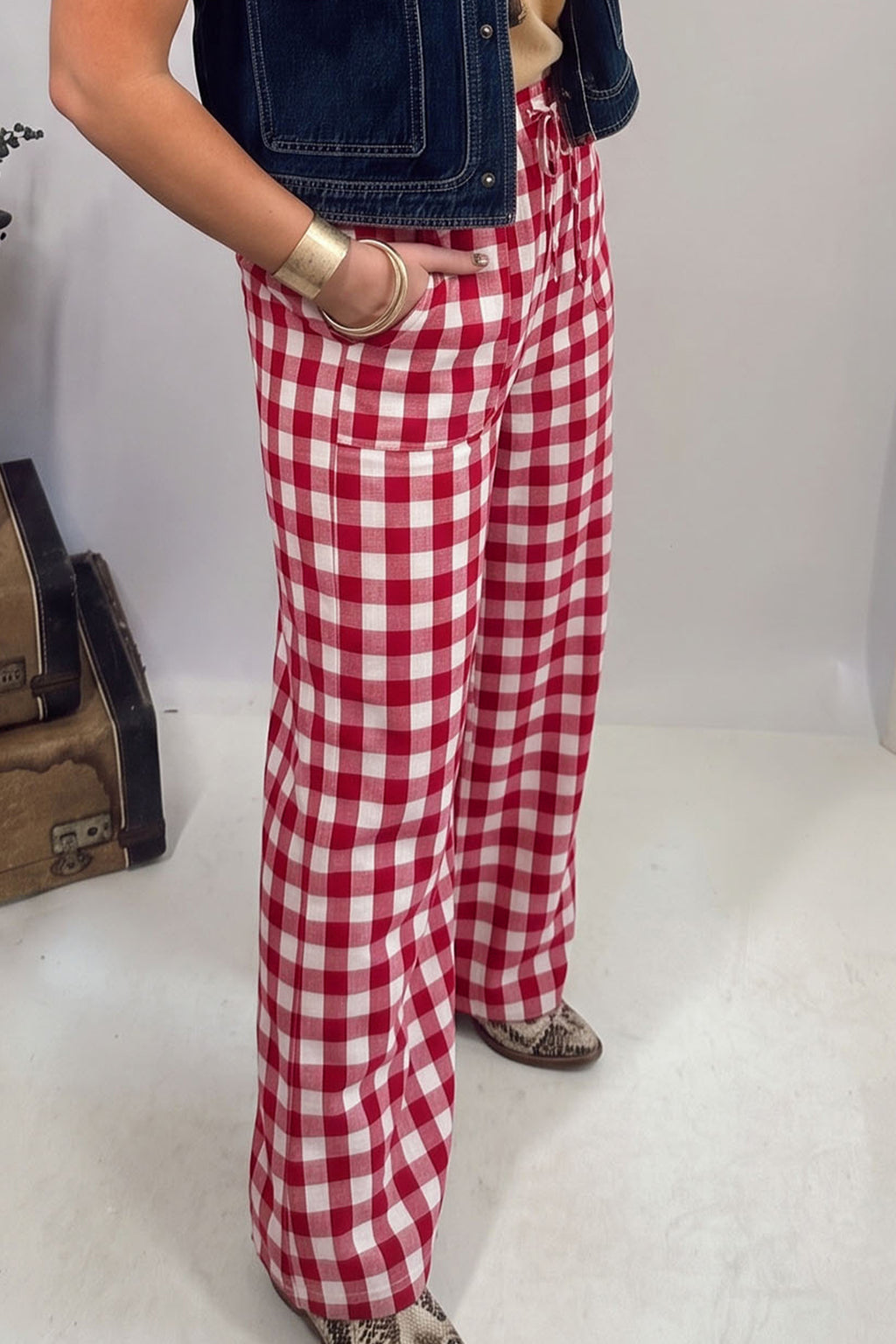 Camille Lane Red Gingham Plaid Tie Elastic Waist Shift Pants