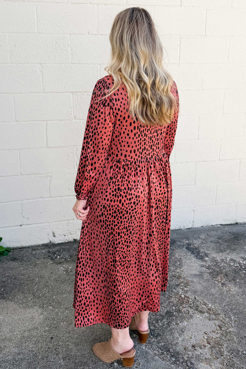 Red Leopard Print Long-Sleeve V-Neck Midi Dress – Hazel Blues®