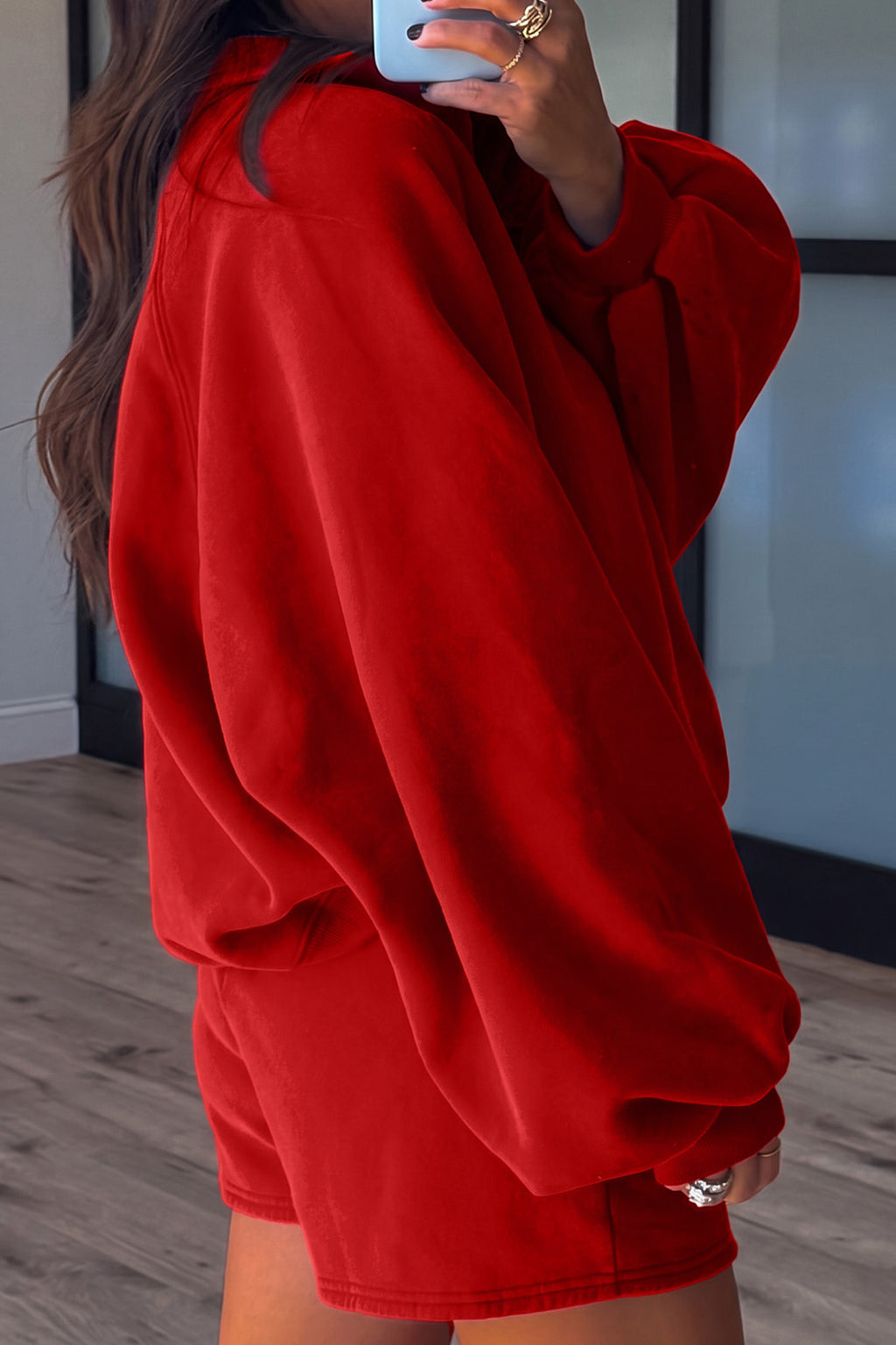 Red Half-Button Puff-Sleeve Shorts Set