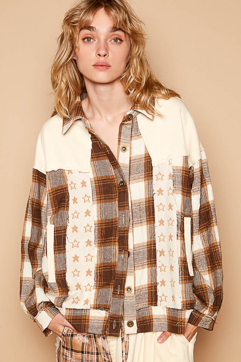 Hazel Blues® |  POL Plaid & Star Patchwork Contrast Long Sleeve Shacket