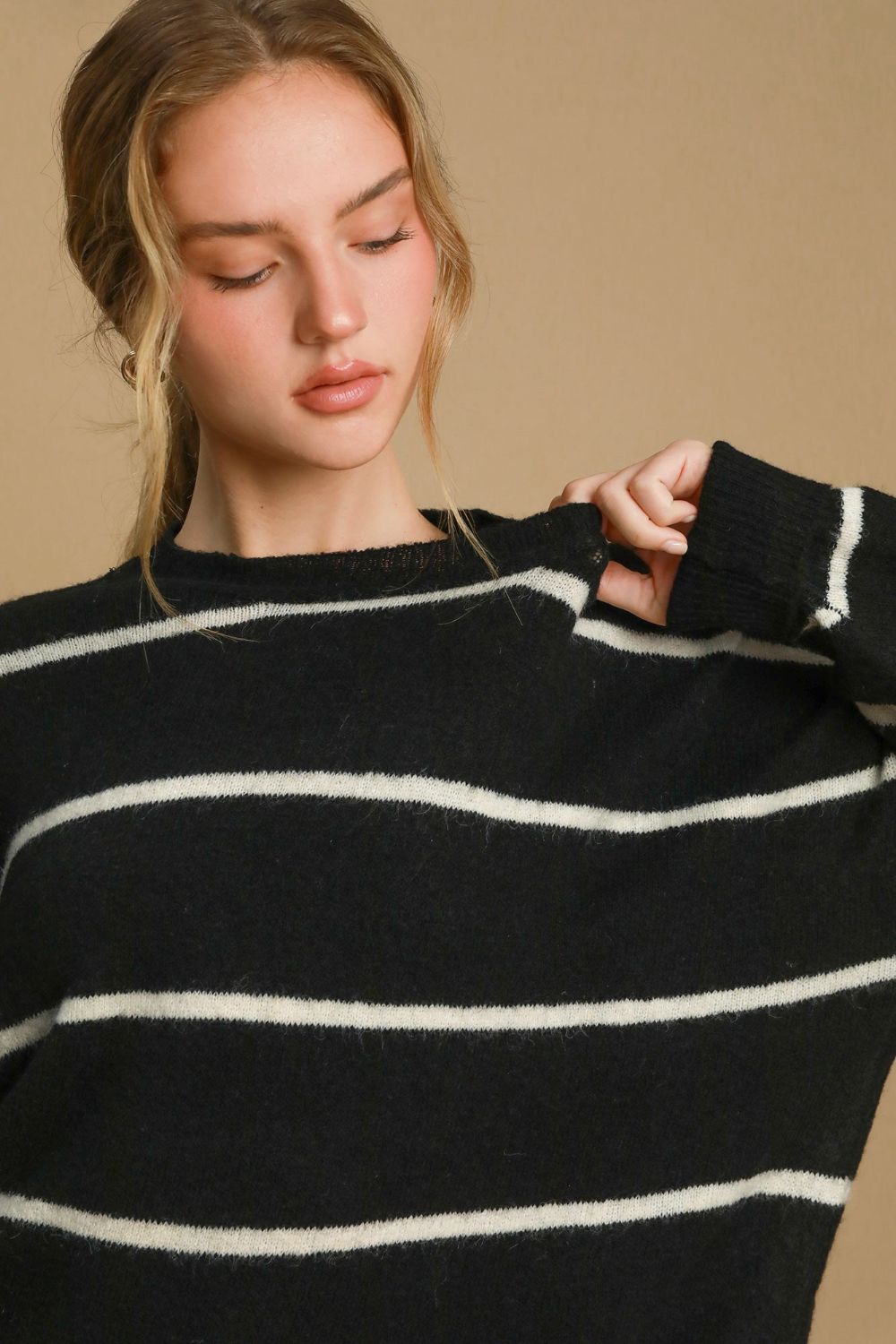 Hazel Blues® |  Umgee Wool Blend Striped Round Neck Sweater