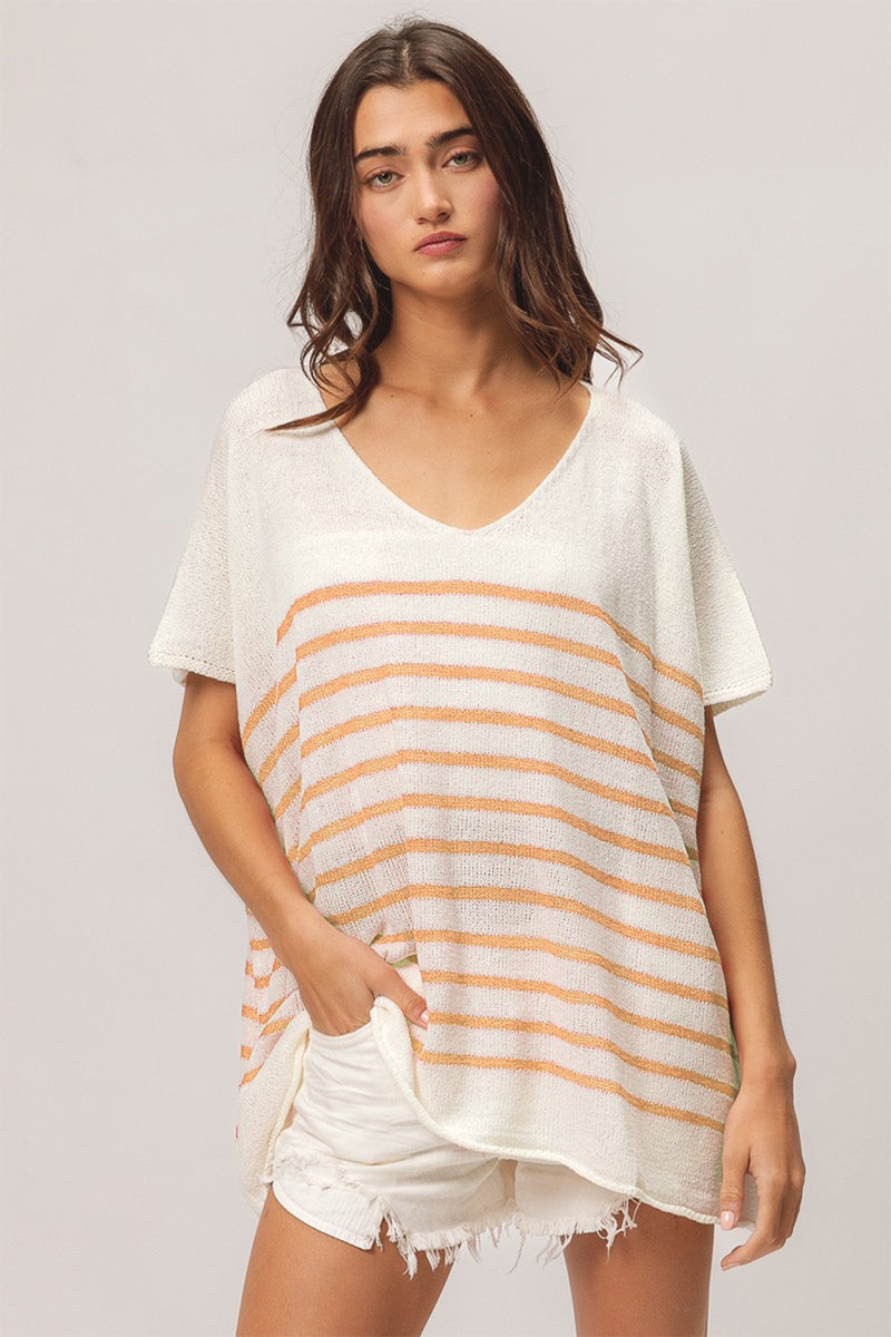 Hazel Blues® |  BiBi V Neck Striped Short Sleeve Top