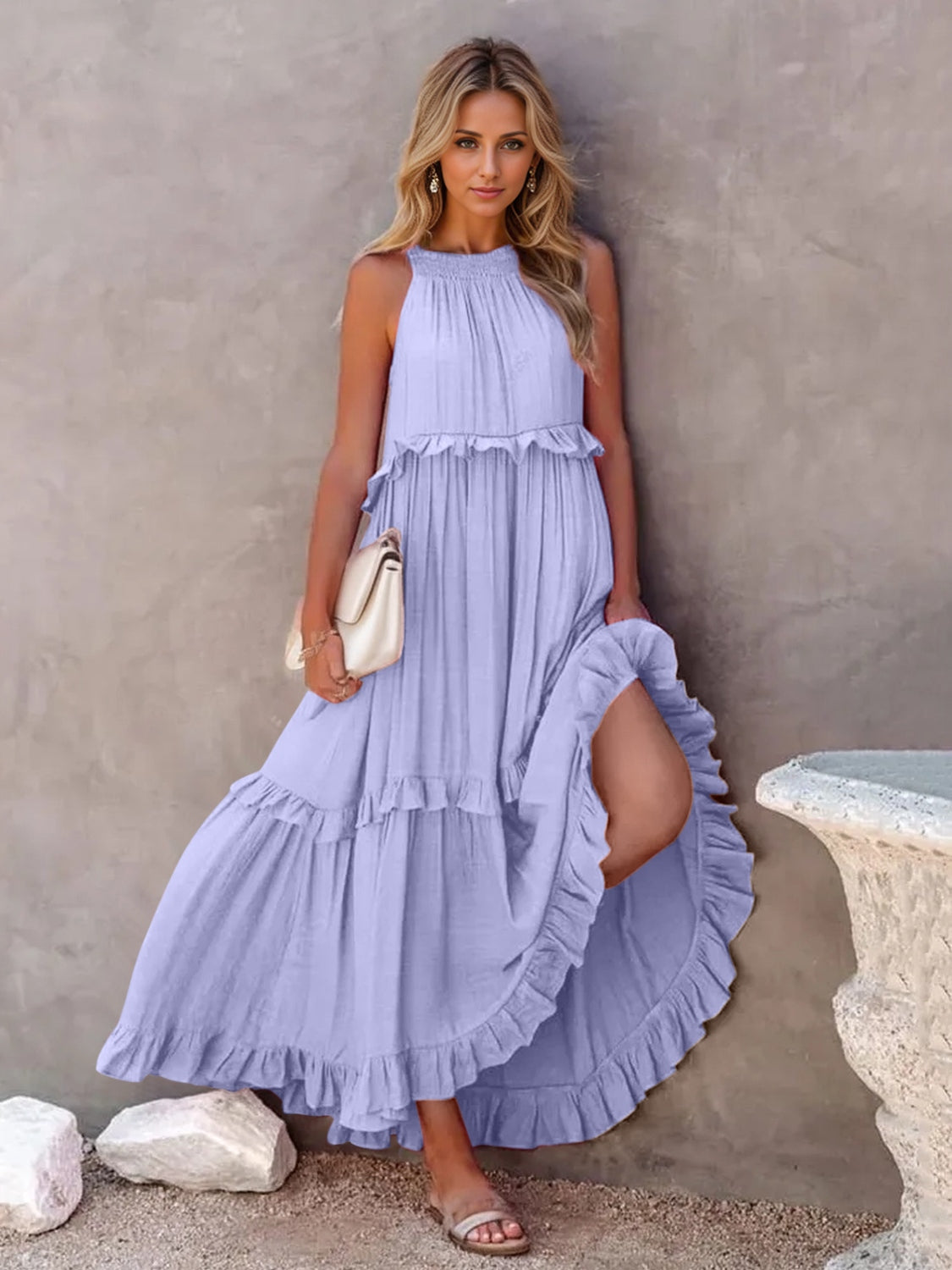 Hazel Blues® |  Ruffled Sleeveless Tiered Maxi Dress with Pockets