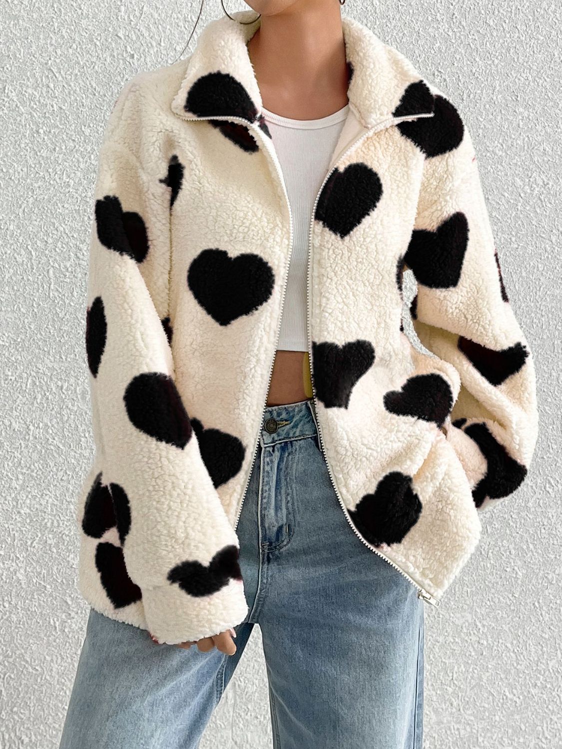 Hazel Blues® |  Heart Zip Up Drop Shoulder Furry Jacket