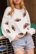 Hazel Blues® |  White Sequin Football Pattern Exposed Seam Game Day Sweatshirt