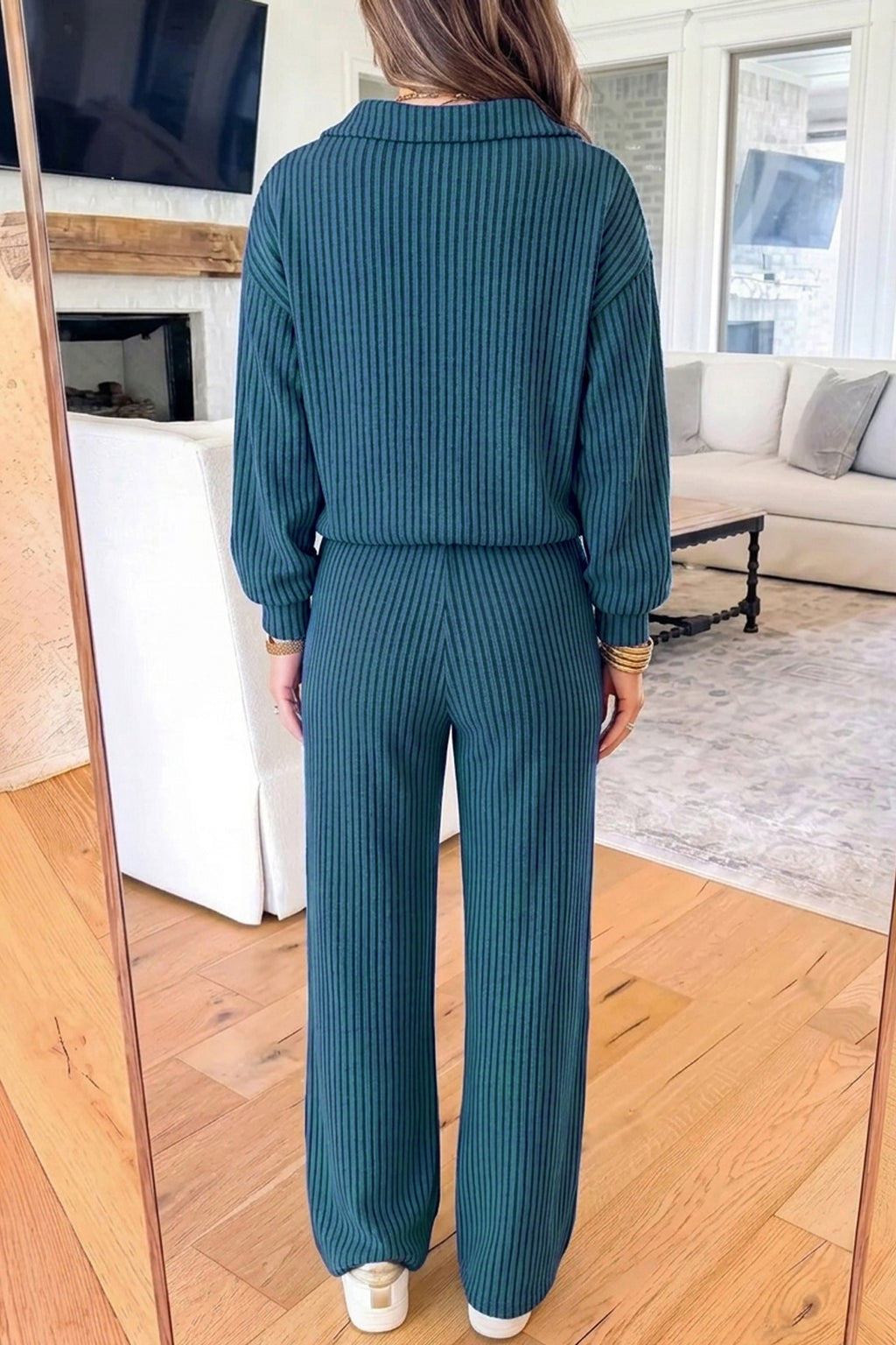 Blue Ribbed V-Neck Top and Pants Set