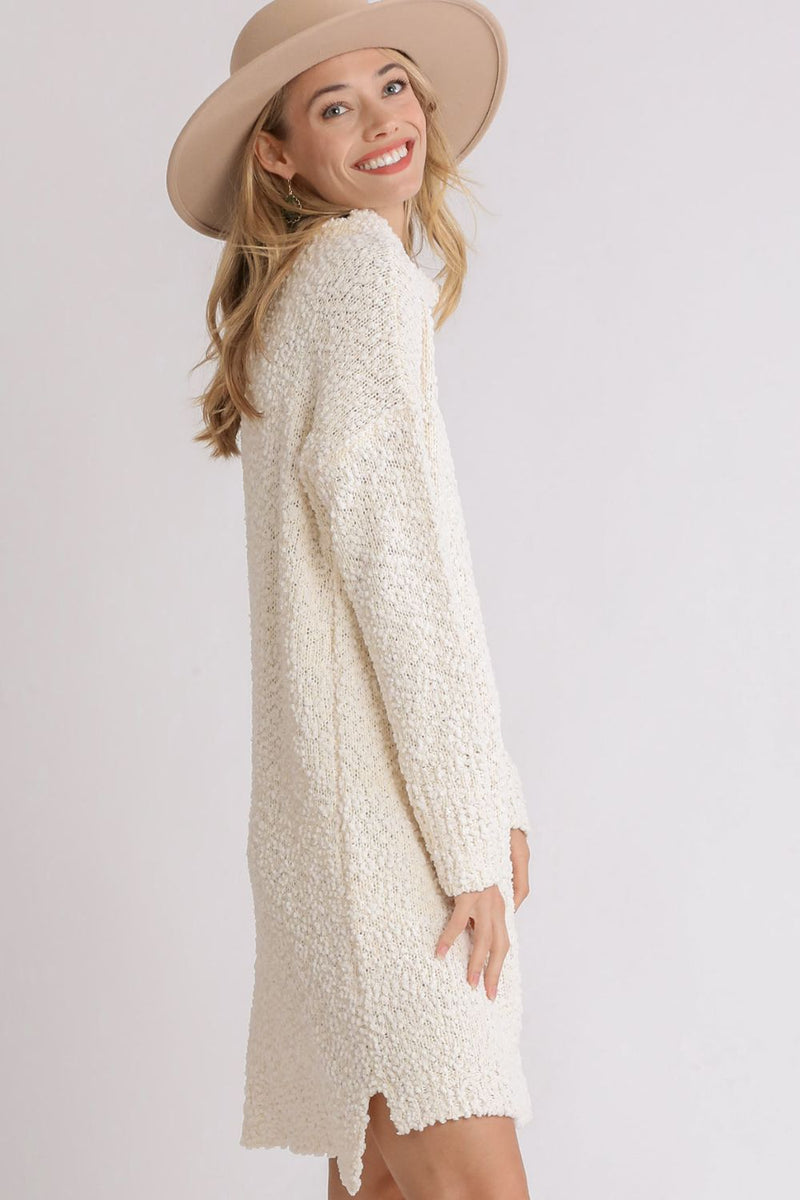 long sleeve boucle dress Blue Boucle Long Sleeve V Neck Midi Dress With Buttons