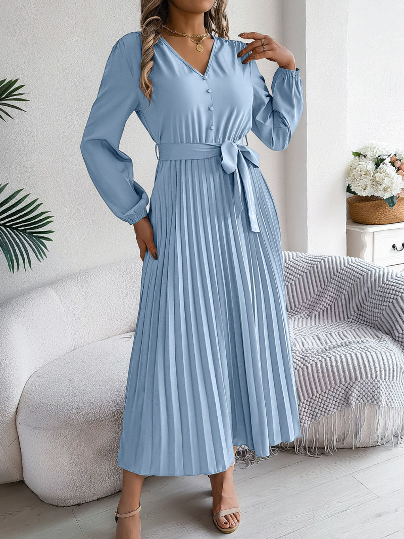 Hazel Blues® |  Pleated Tied V-Neck Long Sleeve Dress