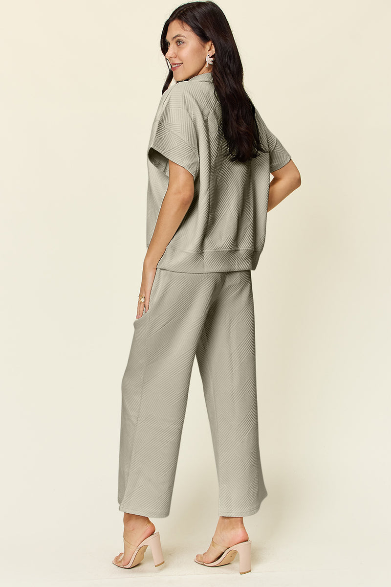 Hazel Blues® |  Double Take Texture Half Zip Short Sleeve Top and Pants Set