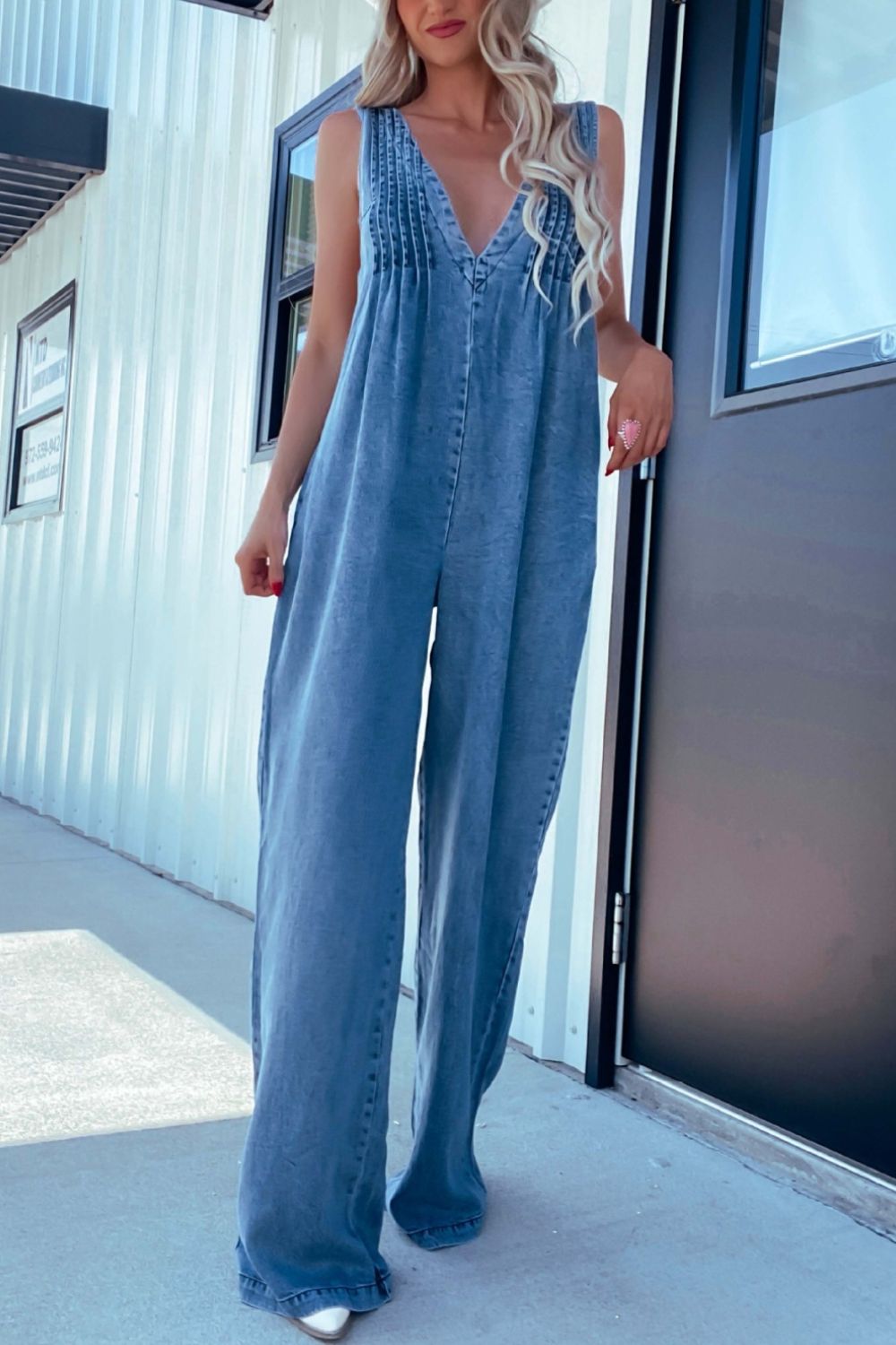 Hazel Blues® |  V-Neck Wide Leg Denim Jumpsuit