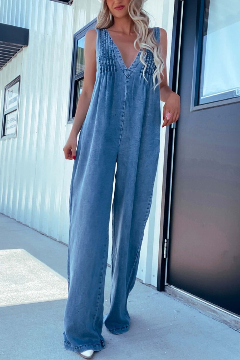 Hazel Blues® |  V-Neck Wide Leg Denim Jumpsuit