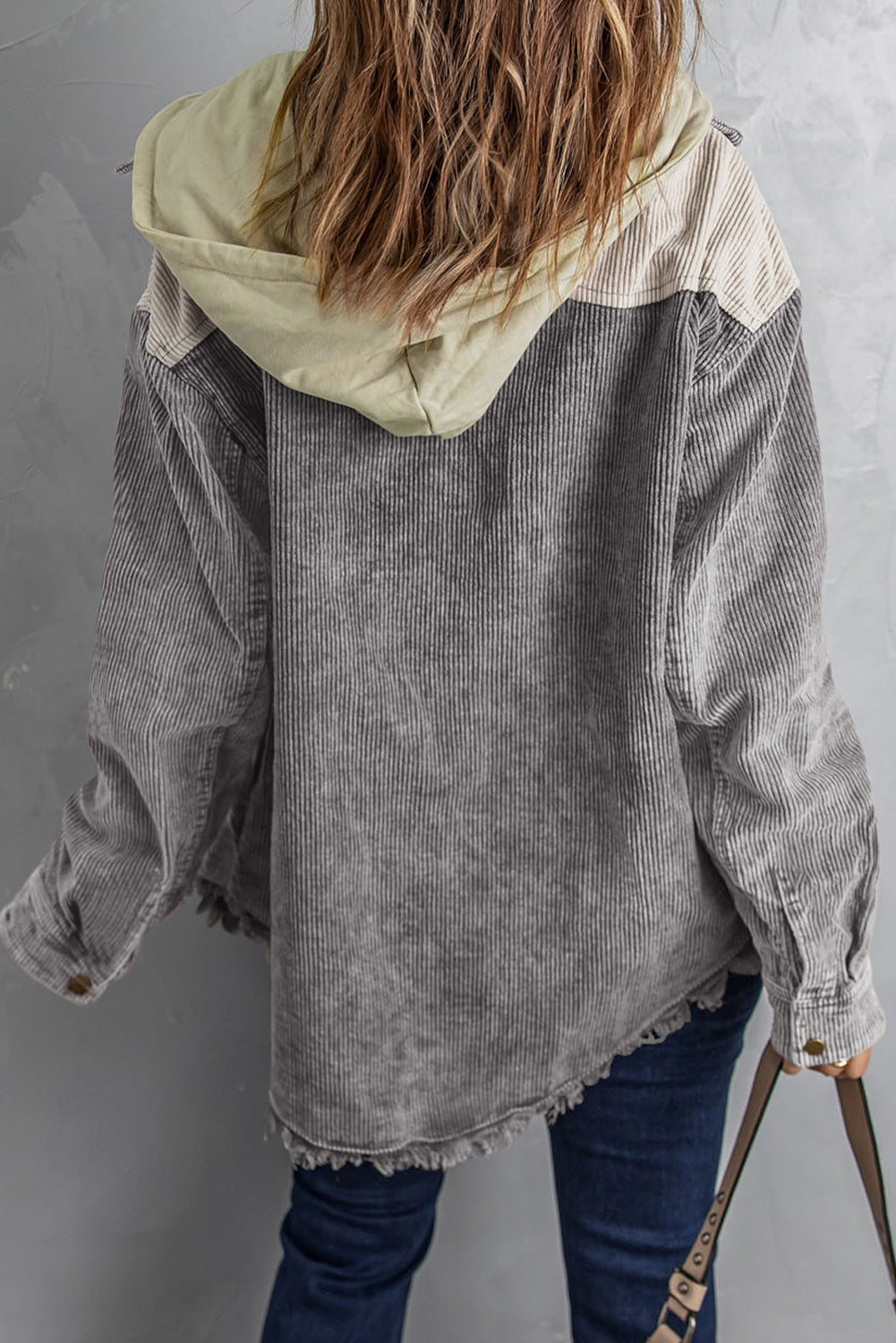Gray Color-Block Button-Down Hooded Corduroy Jacket