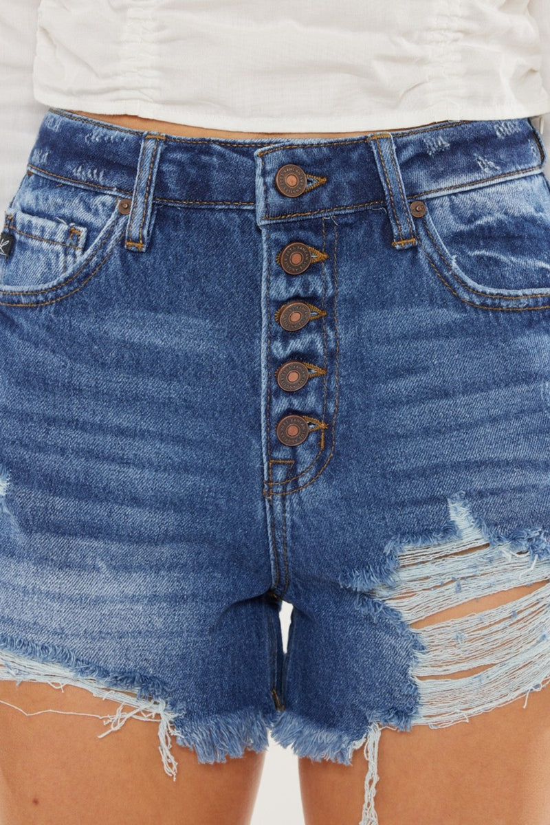 Hazel Blues® |  Kancan Distressed Button-Fly High Waist Denim Shorts