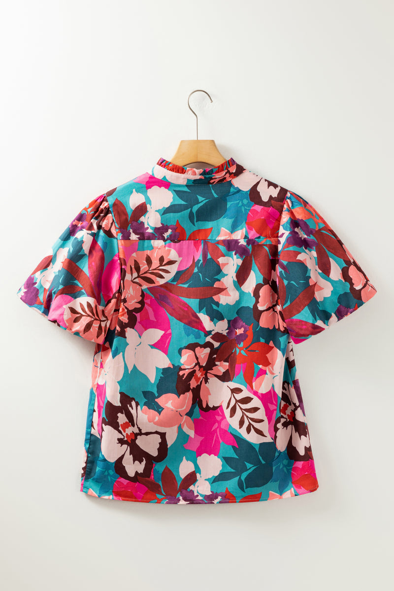 Hazel Blues® |  Printed Notched Puff Sleeve Blouse