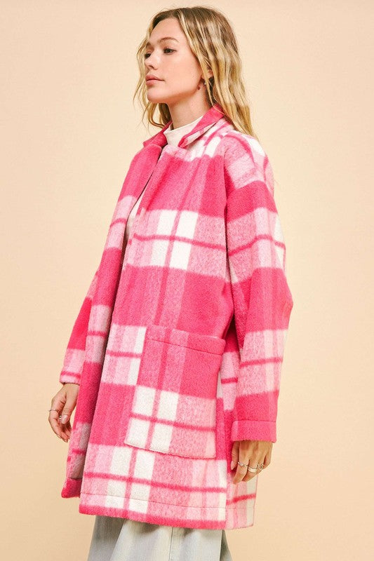 Hazel Blues® |  Davi & Dani Plaid Open Front Drop Shoulder Longline Coat