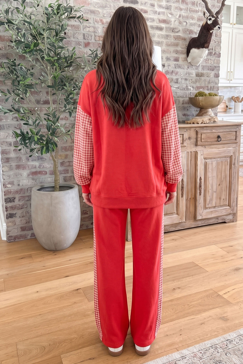 Red Gingham Trim Wide-Leg Pants Set