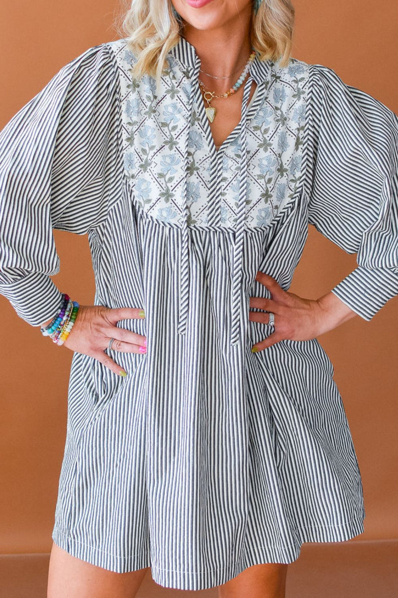 Hazel Blues® |  Tied Floral Printed Striped Long Sleeve Dress