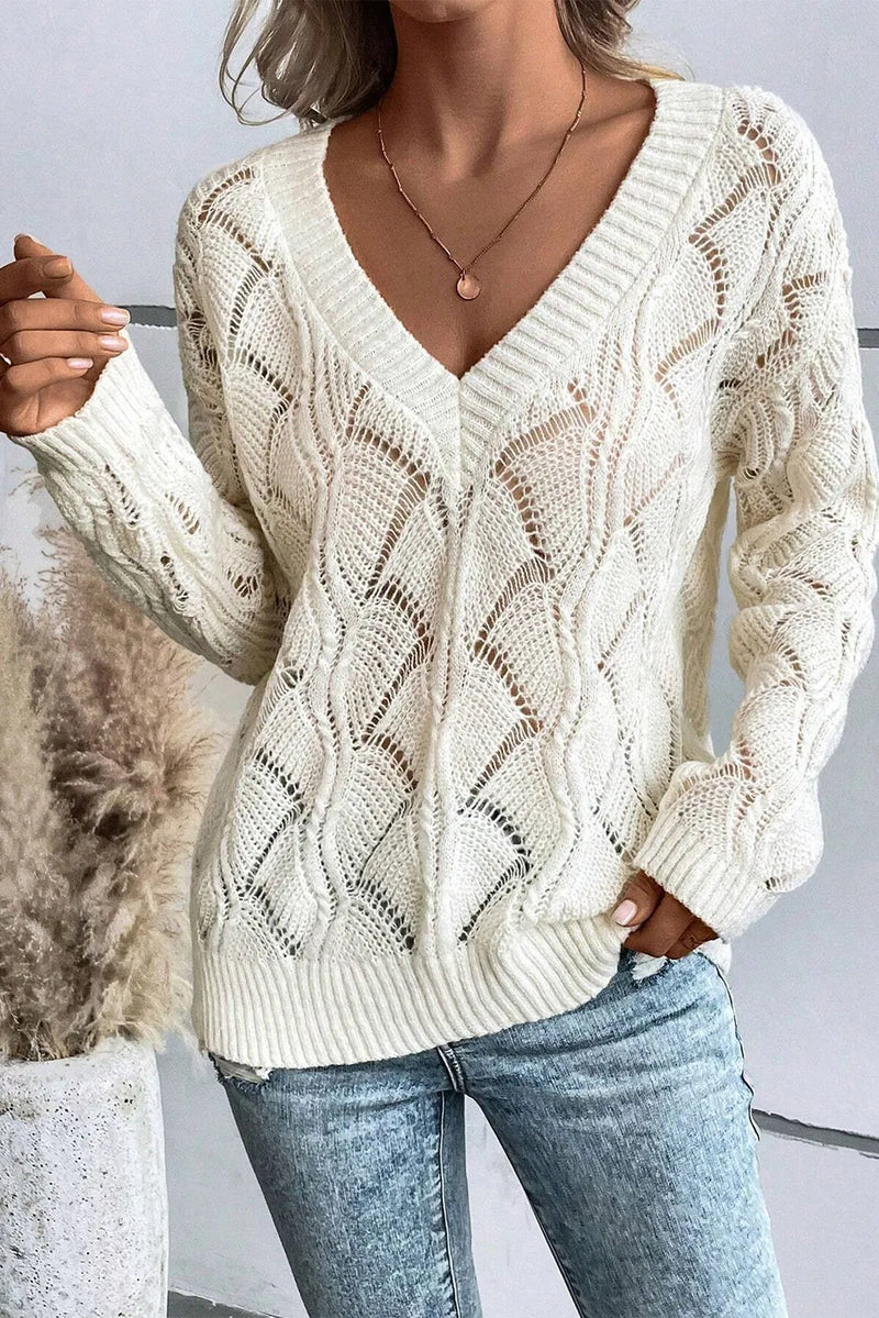 Hazel Blues® |  Openwork V-Neck Long Sleeve Sweater