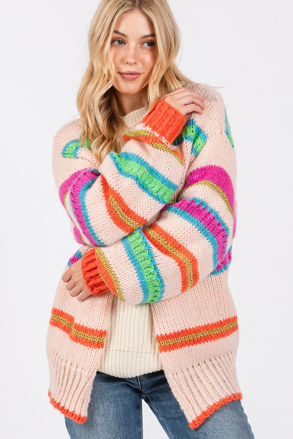 Hazel Blues® | SAGE + FIG Rainbow Striped Open Front Knit Cardigan