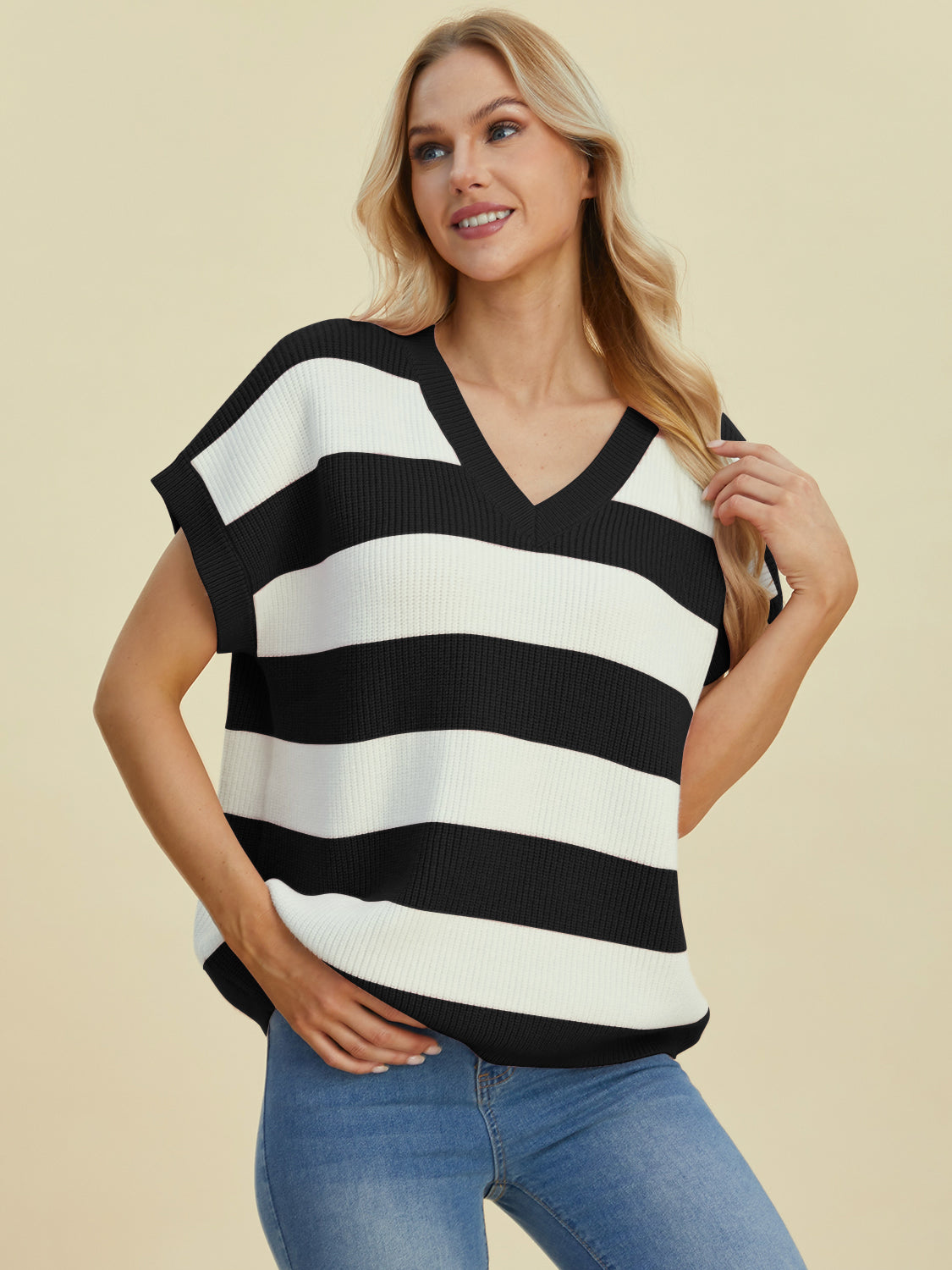 Hazel Blues® |  Double Take Striped V-Neck Short Sleeve Sweater