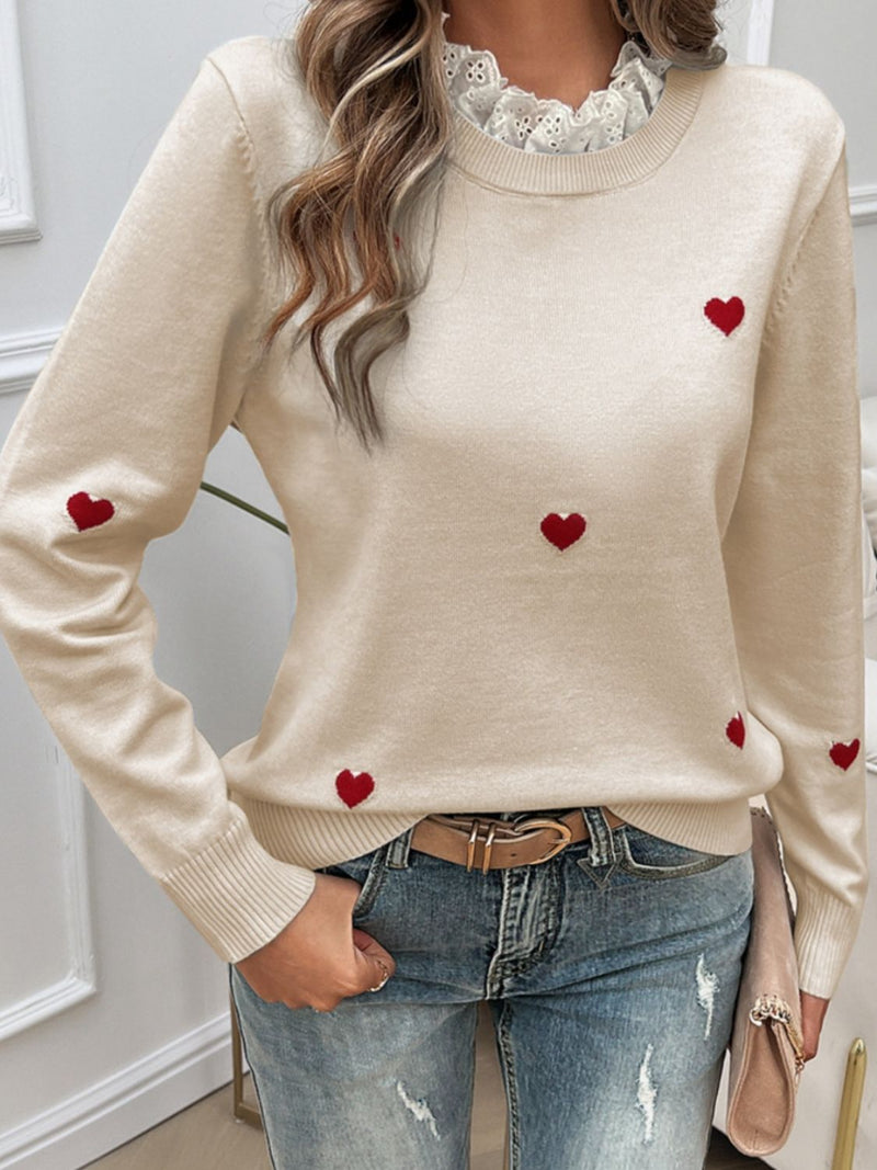 Hazel Blues® |  Lace Detail Heart Long Sleeve Sweater