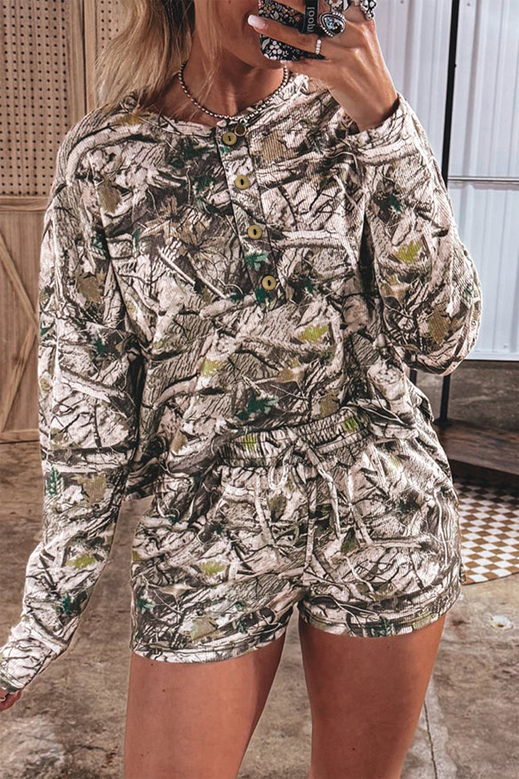 Camo Long Sleeve Top Elastic Waist Shorts Two-Piece Set