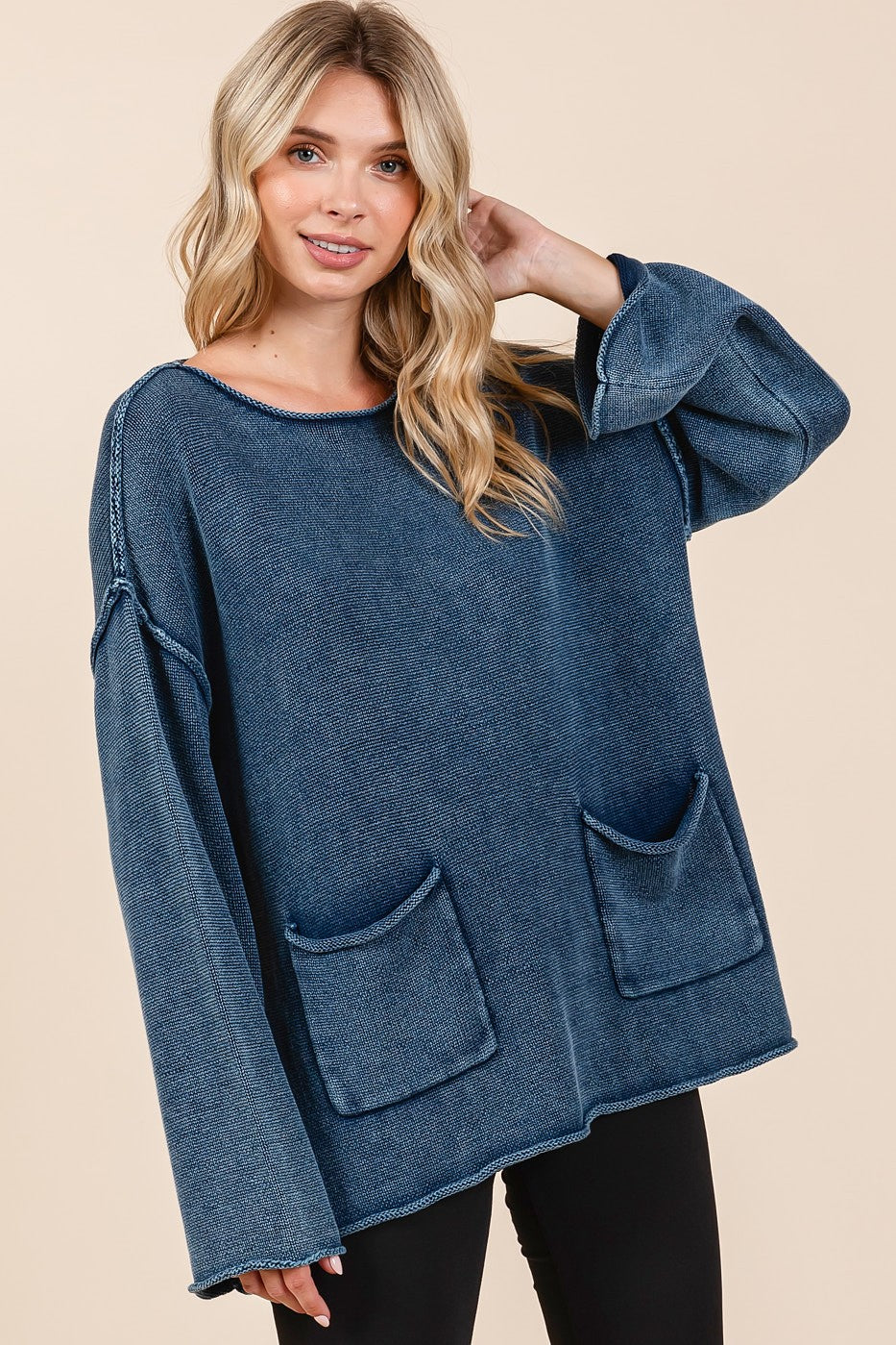 Hazel Blues® |  Mittoshop Mineral Wash Patch Pocket Cut Edge Sweater