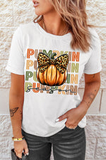 Hazel Blues® |  White PUMPKIN Season Leopard Bow Print Crew Neck T Shirt
