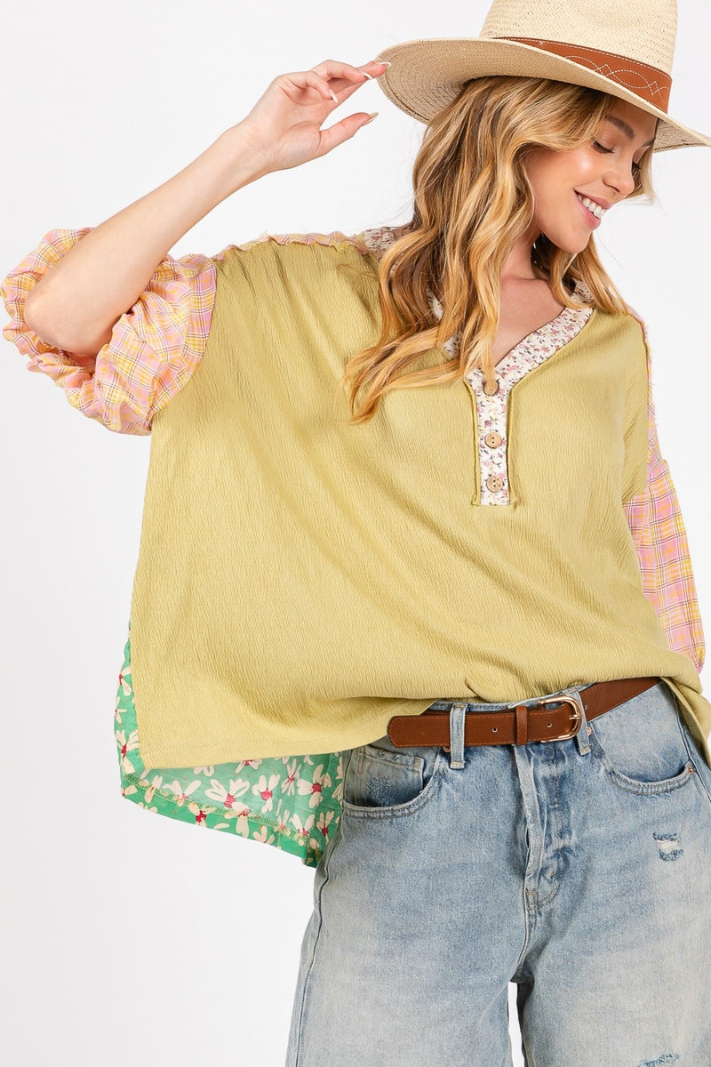 Hazel Blues® |  SAGE + FIG Color Block Bubble Sleeve Top