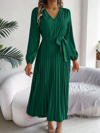 Hazel Blues® |  Pleated Tied V-Neck Long Sleeve Dress